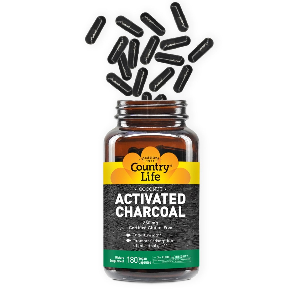 Country Life Activated Organic Coconut Charcoal Capsules, 260mg – Natural Charcoal Supplement for Gas and Bloating Relief, Glutenfrei, 180 Vegan Capsules