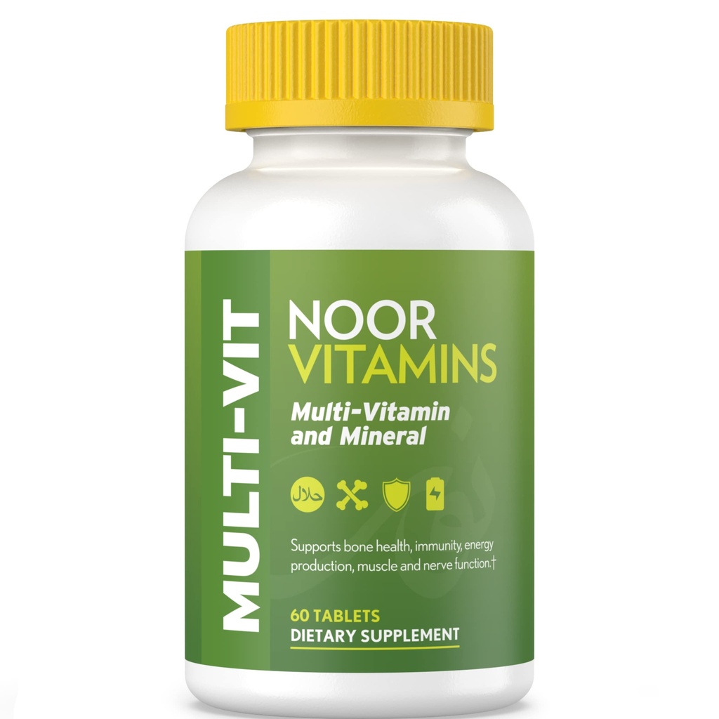Noor Vitamines Vitamines halales, Multivitamines quotidiennes, Vitamine halale pour les femmes et les hommes, 30 Vitamines et minéraux, A, B12, C, Fer, Zinc pour soutenir la santé générale, Non-OGM, Multivitamine halale (2 mois d'approvisionnement)