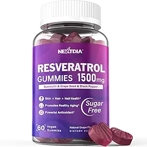 Resveratrol Supplement 1500mg - Resveratrol Gummis unterstützt NAD+, NMN & NMNH Synergy, mit Quercetin, Grape Seed, Acai Beeren Extrakte für Antioxidans, Gesunde Alterung & Langlebigkeit, Haut, Gehirn - 1Pcs