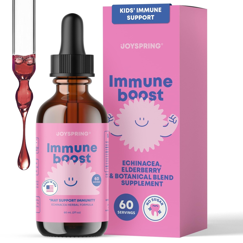 JoySpring Gocce Immune - Supporto Immune per bambini Supplemento liquido (2 fl oz) - Echinacea, Elderberry, Radice dell'uva dell'Oregon, Peel arancione, Vitamine A, B6, C - Sistema di supporto naturale per bambini e adulti
