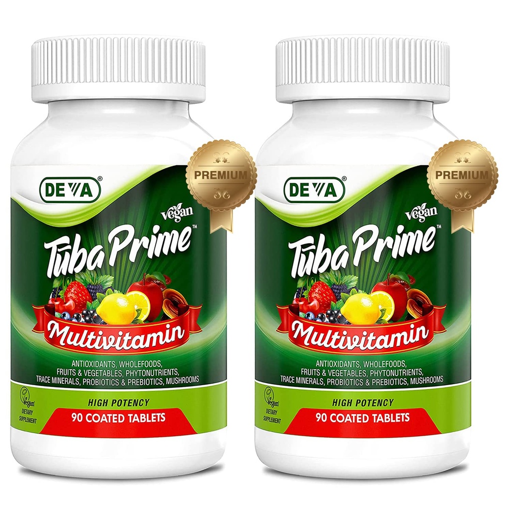 DEVA Tuba Prime Vegan Multivitamin High-Potency Vitamin und Mineralische Nahrungsergänzung Antioxidantien, Obst und Gemüse Mischung, Super Pilze, Probiotika, Präbiotika, Samen, Kräuter - 90 Tabs, 2-Pack