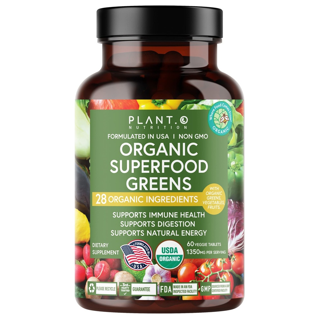 Plant.O Super Green organici [Fruit & Veggie Supplemento] Antiossidanti ad alto assorbimento dalla polvere verde con Alfalfa, Radice di barbabietola, Ciliegia di Tart per il supporto immunitario, Salute di Gut, Energia, 60 compresse di verdure