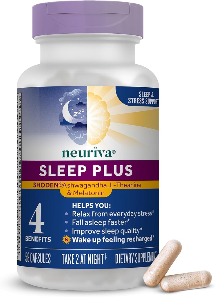 NEURIVA Sleep Plus mit 4-in-1 Vorteilen - Klinisch getestet Ashwagandha, L-Theanine & Melatonin - Reduzieren Stress, Fall Asleep Faster, Verbesserung der Schlafqualität, Wake Up Refreshed*, 58ct Capsules
