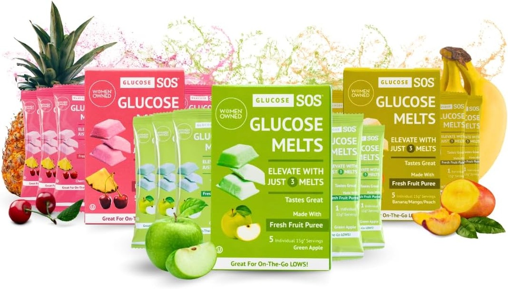 Glucose SOS Melts Realizzato con Dextrose Polvere Puree Zucchero di Frutta Naturale, Come Tab di Glucose, Tabelle di Atto Veloce che Melt con 15 singoli 15g Servings di 3 gusti diversi