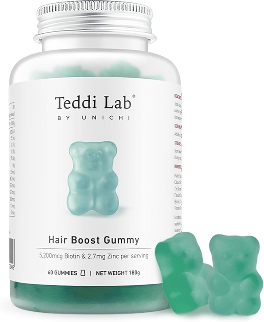 Unichi Hair Growth Gummies, 5200mcg Biotin formulato con zinco, acido pantotenico e vitamina A, C, E per capelli più forti e più spessi per le donne, (60 conteggio)