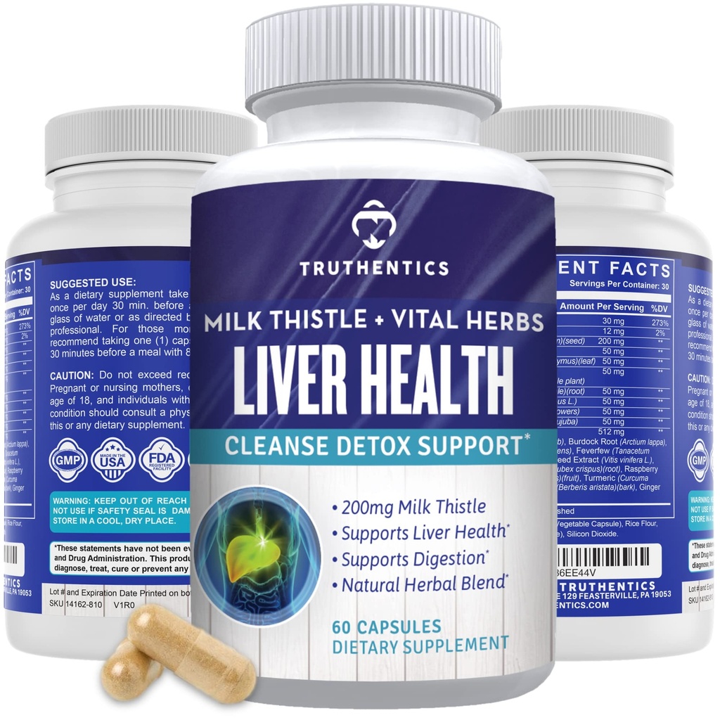 TRUTHENTICS Liver Health Supplement - Latte Thistle Liver Health Formula con estratto di carciofo, dadelion, curcuma e altro ancora - Natural Detox Support for Men & Women - 60 Capsule