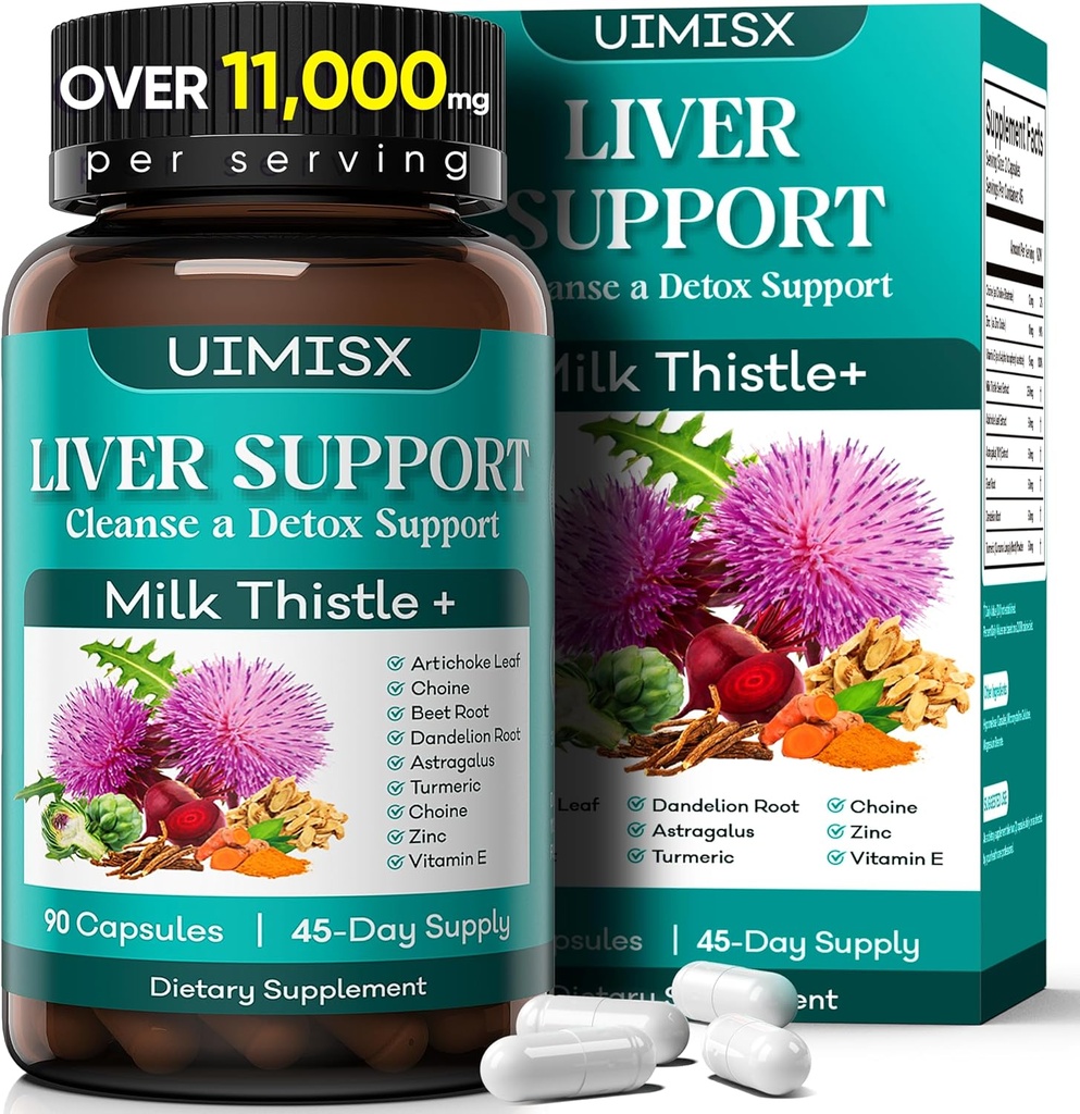 Integratore di cardo al latte - Detox Liver Cleanse Formula Herbal Liver Support with Milk Thistle, Dandelion Root, Artichoke, Turmeric, Astragalus for Liver Health, 90 Capsule