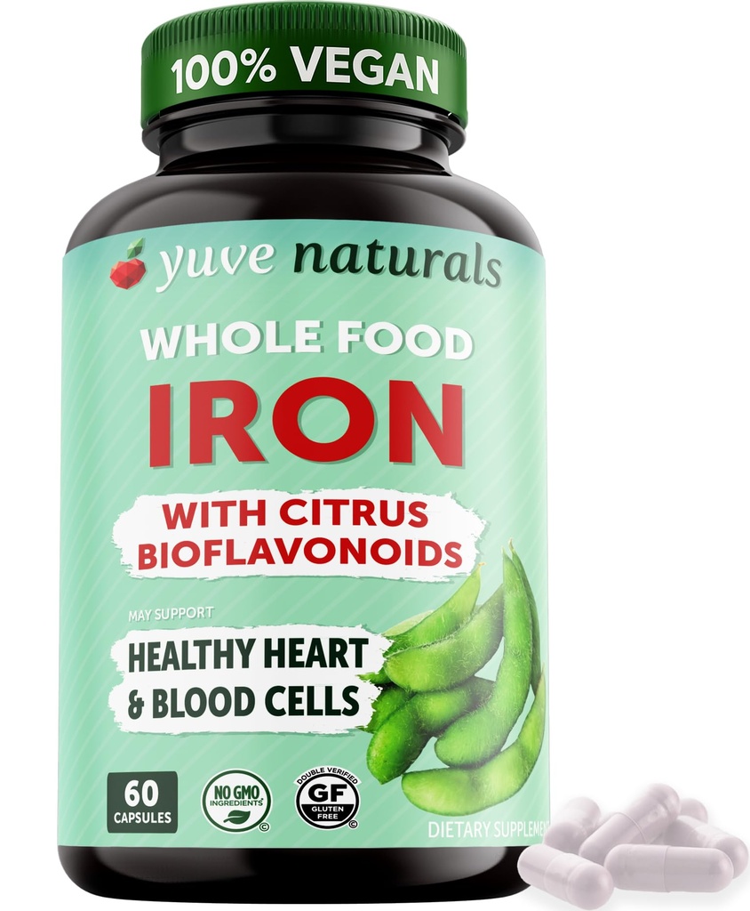Yuve 100% Vegan Ganze Nahrung Chelated Iron Supplement 18mg – Geschmacklos, Non-Constipating, Gentle on Stomach, Energy Support – Glutenfrei, Non-GMO, 60 Kapseln