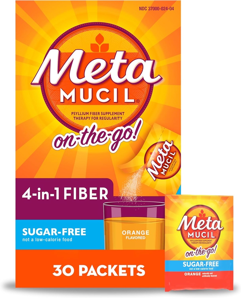 Metamucil On-The-Go, Psyllium Husk Fiber Supplement, 4-in-1-Faser für Verdauungsgesundheit, Sugar Free, Orange Flavor, 30 Count x 2 Packs (60 Count Total)
