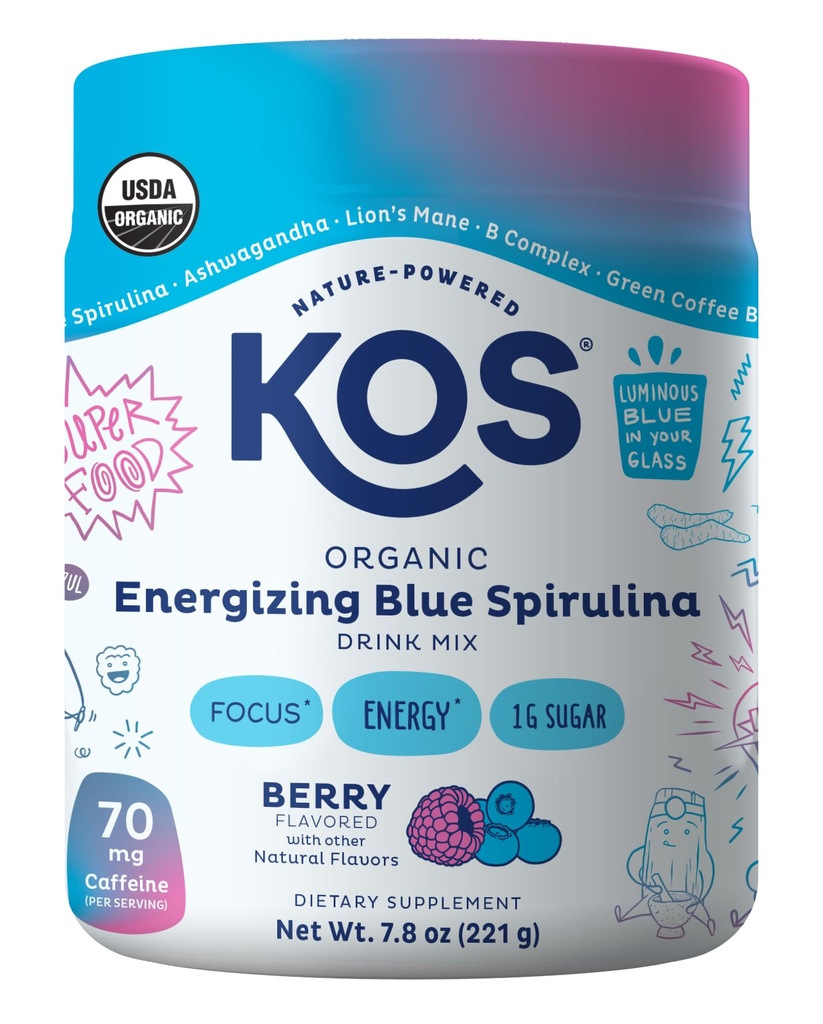 KOS Energizing Blue Spirulina Blend - Certificato USDA Organic - Vitamine B, Ashwagandha, Ginseng, Adaptogens, Biotin - Vegan Pre Workout Powder - Caffeinato, Aroma di bacche, 28 Serve