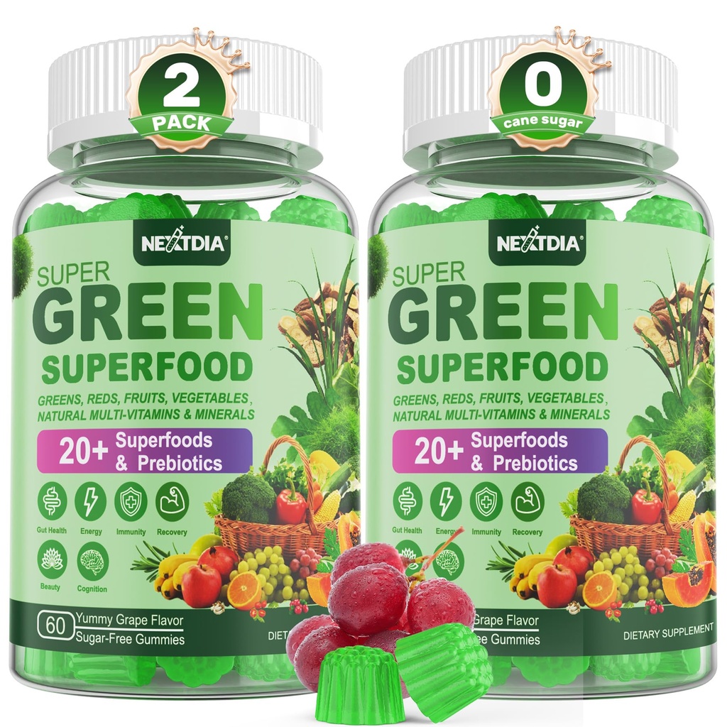 Super Greens Gummies, Greens Superfood Powder Alternative w/Spirulina, clorella, fibra prebiotica, probiotico, verdura di frutta, verdura di frutta quotidiana per la salute digestiva & Gut, immunità, messa a fuoco, 120 Ct
