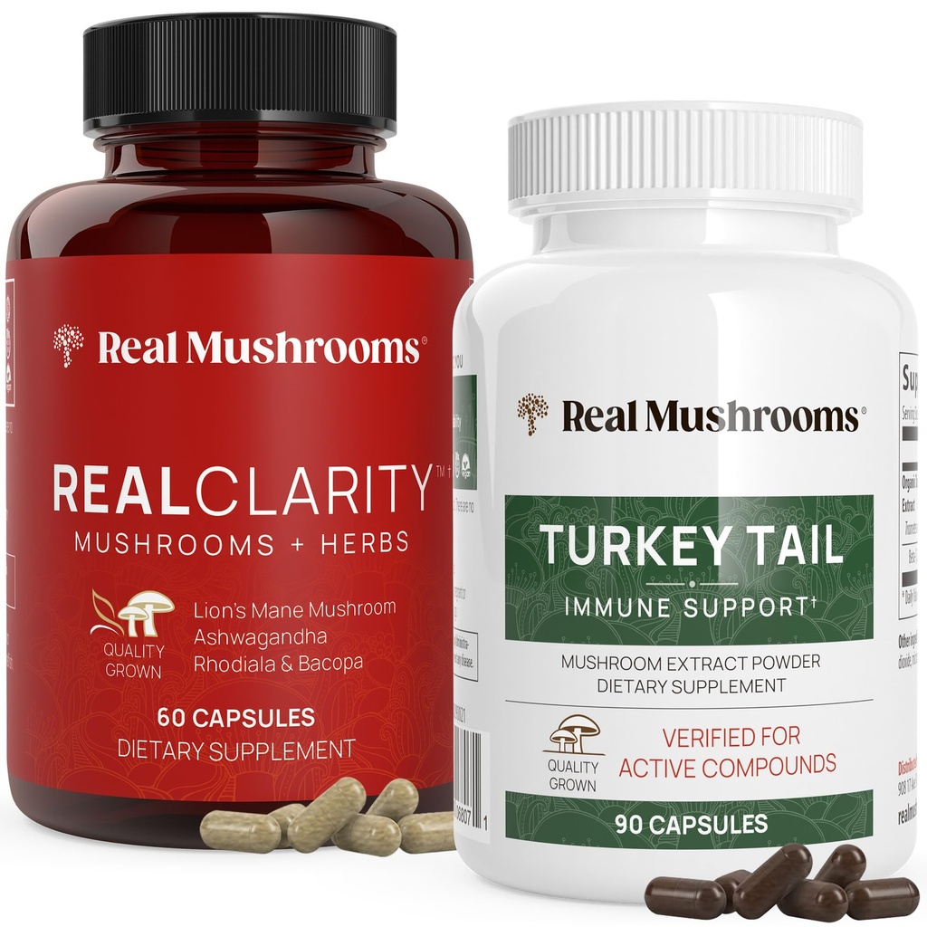 Reale Pilze RealClarity (60ct) und Türkei Tail (90ct) Kapseln Bundle - Pilzergänzung für Psychische Klarheit, Fokus und Immununterstützung - Vegan, Non-GMO, Verifizierte Ebenen von Beta-Glucans