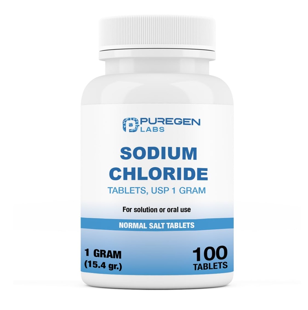 Puregen Labs Sodium Chloride Tablets 1 gm (1000 mg), USP | (15.4gr.) | 100 Count | Normal Salt Tablets | Electrolytes Replenisher Hydration Drink