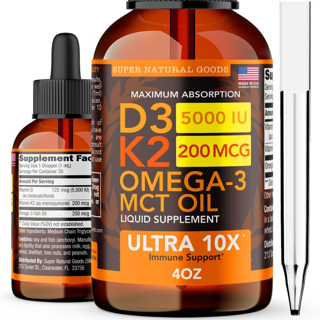 Vitamine D3 K2 gouttes liquides 5000 UI (4oz) Résistance maximale Vitamine D, K, huile MCT et oméga 3 os, coeur, joint, supplément de soutien musculaire. Formule d'absorption rapide. 4 en 1 Formule complexe non-OGM