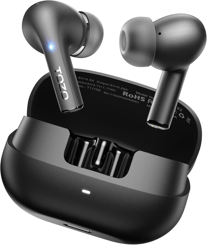 TOZO E2 Wireless Earbuds 10mm Treiber mit leistungsstarkem Bass, App Passen Sie 32 EQs, mit 2 Mics AI Call Noise Stornierung, 30H Playtime, Bluetooth 5.3 Ear Buds, Comfort Fit in-Ear Kopfhörer
