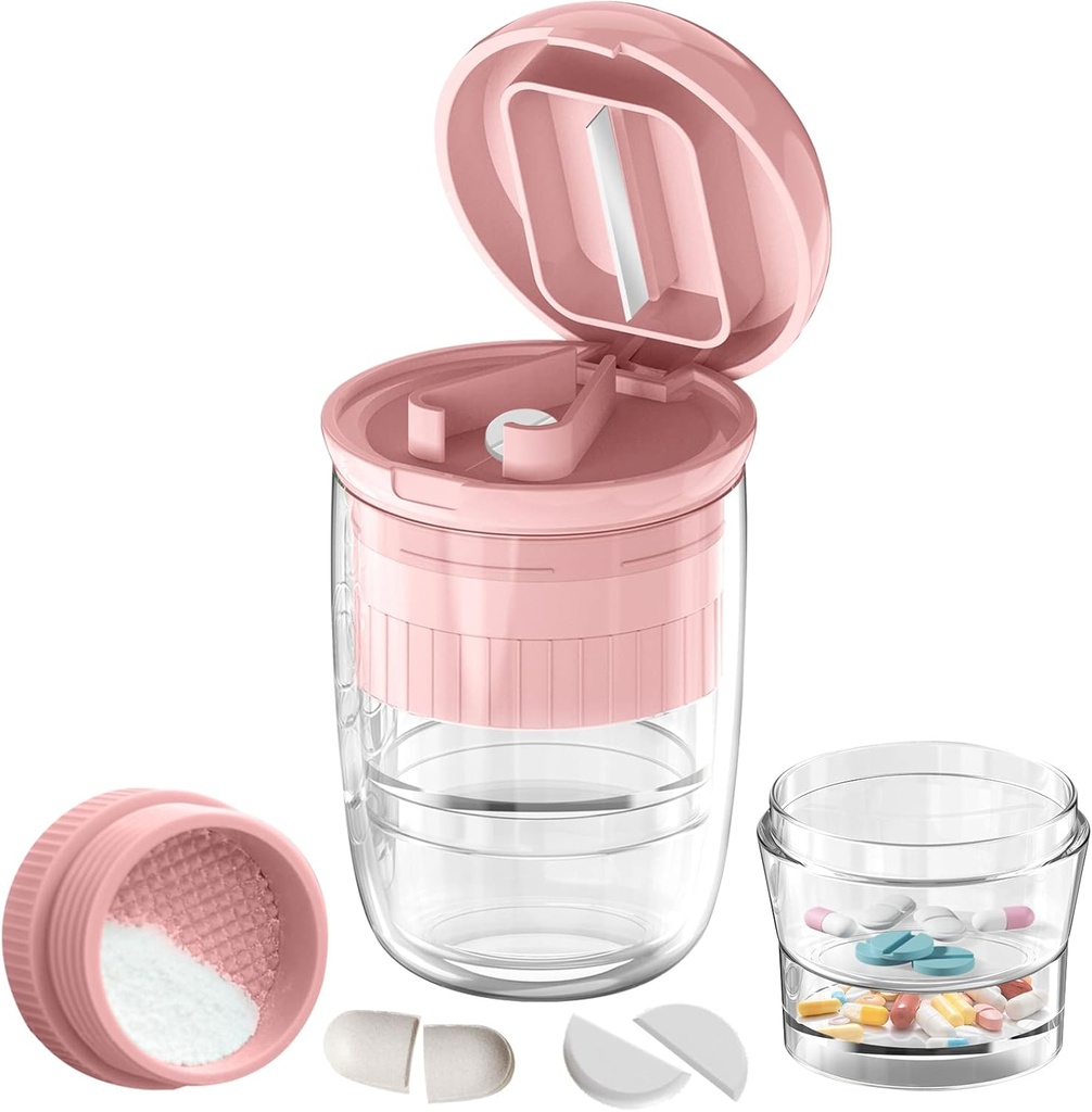 Pille Cutter Splitter mit Spender, Pille Cutter für kleine oder große Pillen, Crushes Pillen, Vitamine, Tabletten, Edelstahl Klinge, abnehmbare Trinkbecher (Pink-1)