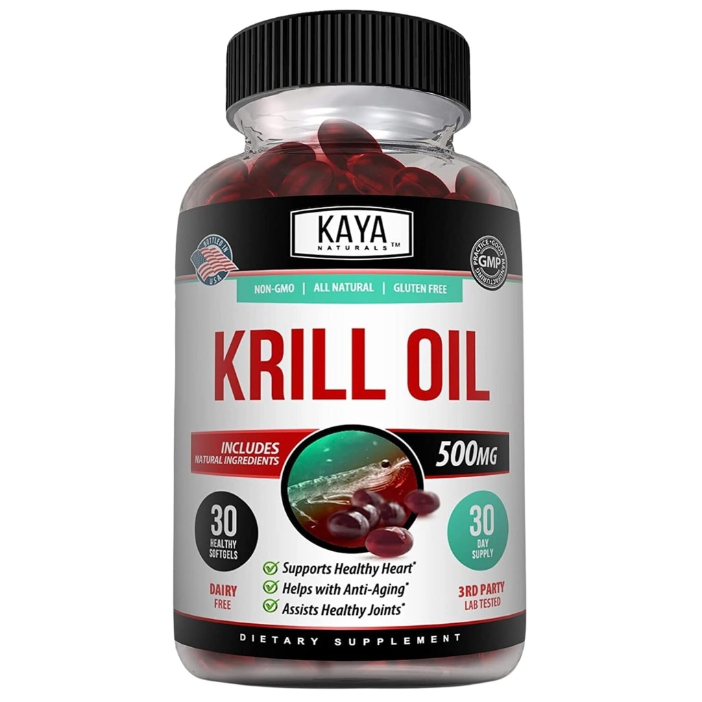 Kaya Naturals - Antarktis Krill Öl 500mg mit Omega 3, EPA, DHA, Phospholipide & Astaxanthin Supplement - Gehirn & Gesundheit Vitamin - Anti Aging Supplement - 30 Count Softgels