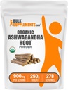 BulkSupplements.com Poudre d'Ashwagandha biologique - Suppléments d'Ashwagandha biologique, provenant de la racine d'Ashwagandha - Sans gluten, 2g par portion, 250g (8,8 oz) (paquet de 1)