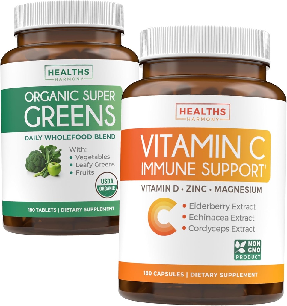 Super Greens & Vitamina C (alimentazione di 3 mesi) Vitamina Greens Bundle of Organic Super Greends Powder - Superfood completo (180 capsule) & Vitamina C Immune Support (180 capsule vegetariane)
