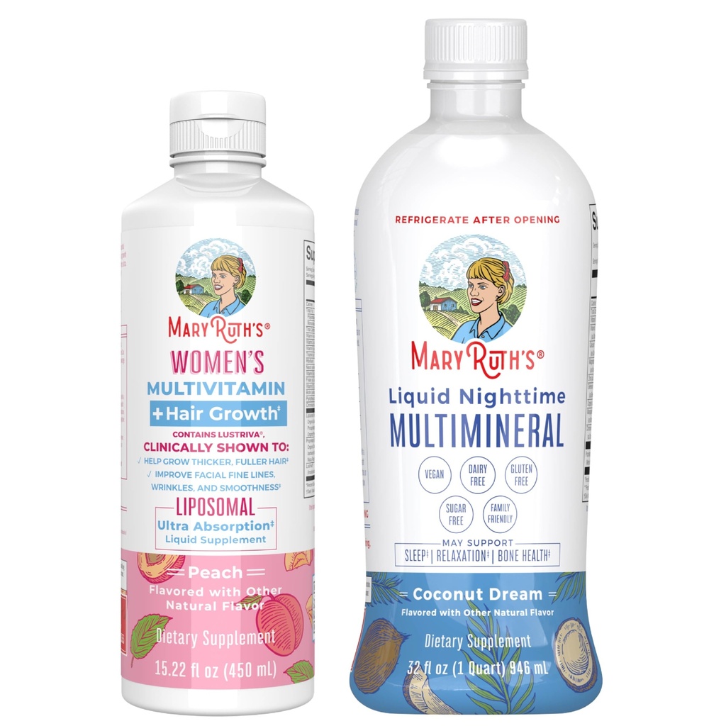 Multivitamina delle donne di MaryRuth + la crescita dei capelli Liposomal (Peach) & Liquid Nighttime Multimineral (Coconut, 15oz) | Clean Label Project Verified® | Vegan | Beauty, Bedtime Routine, &amp; Health generale