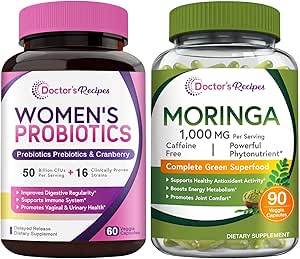 Probiotics & Organic Moringa Bundle, GI and Women’s Health, Natural Antioxidant Support, No Gluten, Pro (60 capsule) & Moringa (90 capsule)