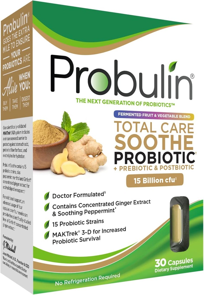 Probulin Total Care Soothe Prebiotic, Probiotic und Postbiotic + Ginger & Mint für Verdauungsberuhigung - 15 Billion CFU - 15 Strains - 30 Vegan Capsules