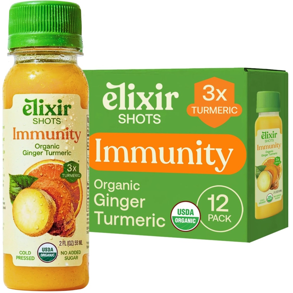 Elixir Shots, Immunity Boost Wellness Shot mit kaltgepresster Kurkuma, Ingwer, Orange und Schwarzer Pfeffer, keine Zucker oder künstliche Zutaten,12-pack
