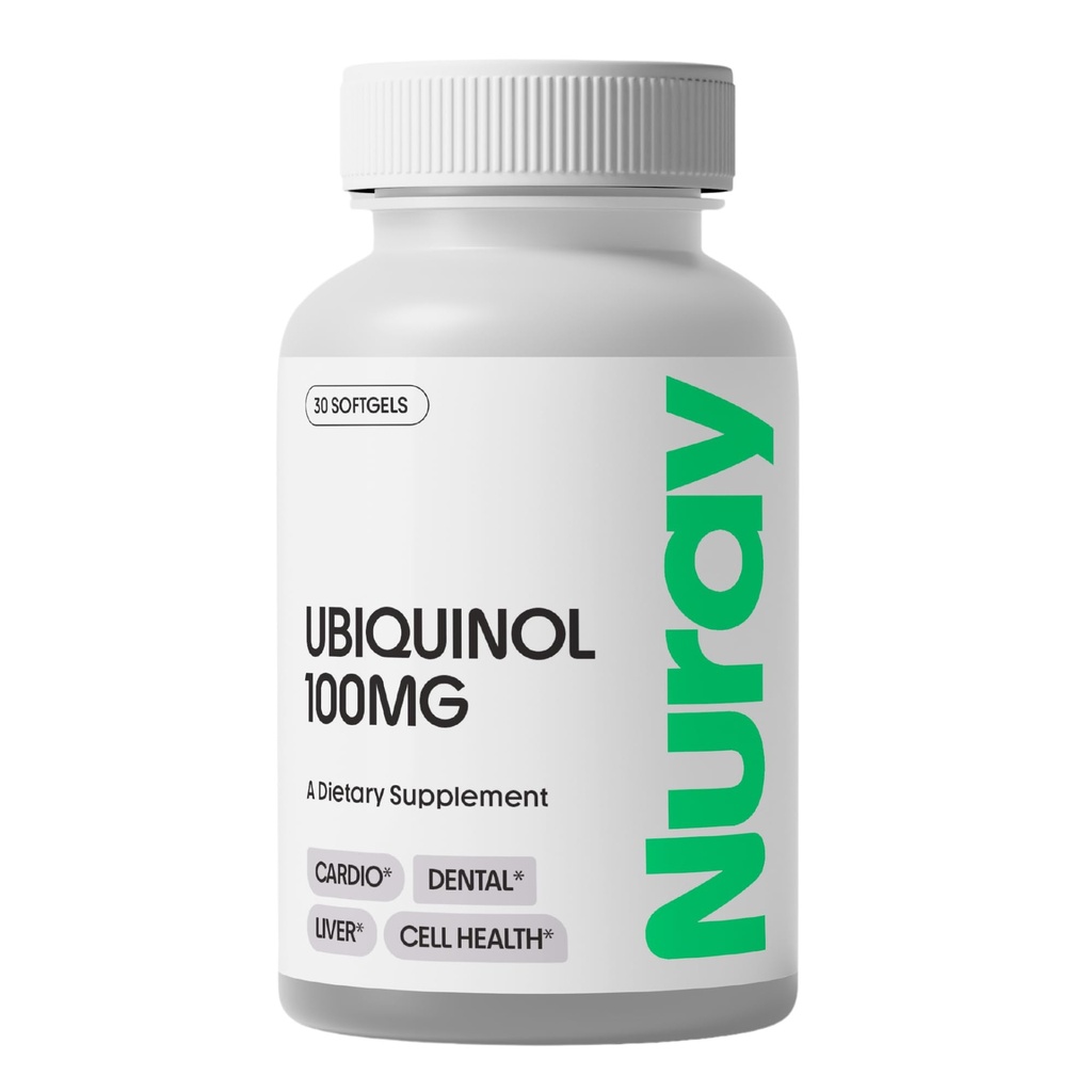 Nuray Ubiquinol 100mg Softgels, forme active de CoQ10 pour la santé cardiovasculaire et dentaire, le soutien immunitaire sans gluten, améliore la santé du foie, 30 comtes