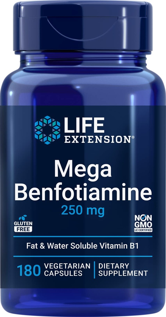 Prolongation de la durée de vie Mega Benfotiamine, 250 mg, 180 capsules de Vég. avec Thiamine - Supplément vitamine B1