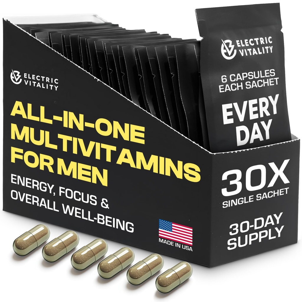 Multivitamines pour les hommes - Tous en un seul paquet pour l'énergie et la concentration, Vitamines pour les hommes pour la performance mentale et la santé, emballé avec Tongkat Ali, Shilijit, Vitamine C, B3, B1, A, B12, 30 Pk