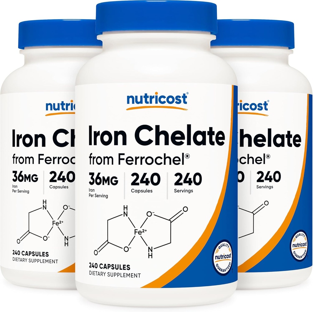 Nutricost Fer chélaté, comme Ferrochel, 36 mg, 240 capsules (3 bouteilles)