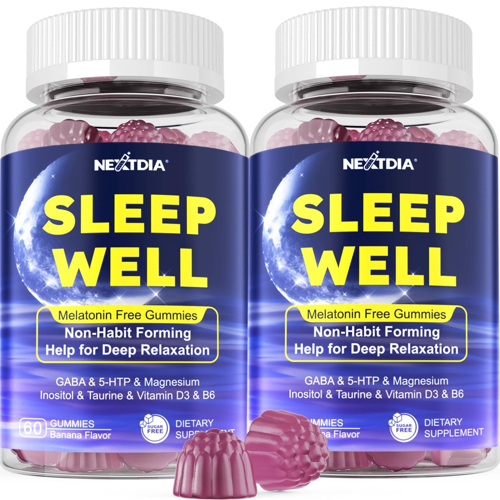 Melatonin Free Sleep Gummies mit Magnesium Glycinate, GABA, 5-HTP, L-Theanin, Valerian, Kamille, Zitronenbalsam, Vitamin D3 & B6 - Hormone & Drug-frei, Non-Habit Forming,2 Pack