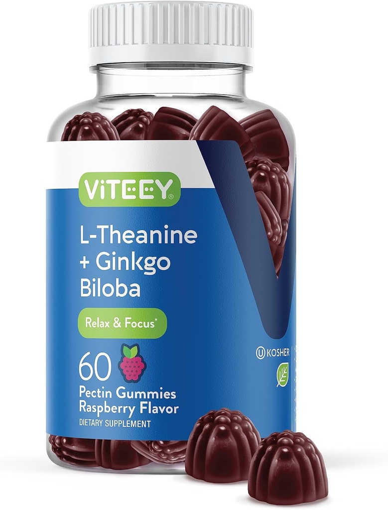 Viteey L-Theanine Gummis mit Ginkgo Biloba für Erwachsene - Hilfsmittel im Fokus & Relax, Verbesserung der Stimmung - Non GMO, Gelatin Free, Vegan, Glutenfrei, Natürlich Sourced Chewable Tasty Raspberry Flavored Gummy