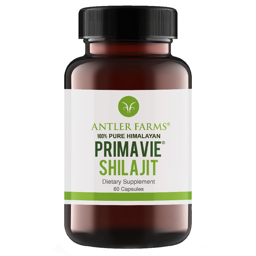 Fermes Antler - 100% pur PrimaVie Shilajit pour les hommes Extrait, 60 Capsules, 250mg – Standardisé à 50% Acid Fulvic, Résine sauvage récoltée de l'Himalaya, puissant supplément adaptogène