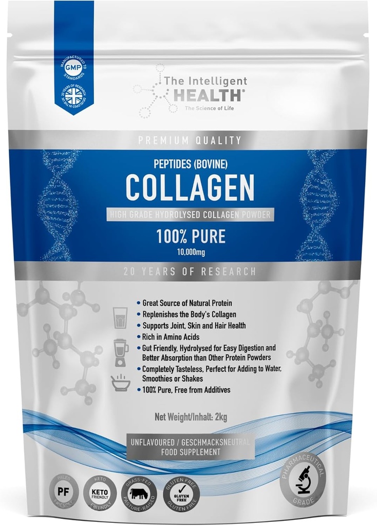 La Poudre de Peptides de Collagène Hydrolysé Intelligent Santé, Fed d'herbe, Haute Protéine, Non aromatisé, Sans gluten, Paléo & Keto Friendly, 10g par portion (2kg) soutient la peau, les cheveux, les ongles, les articulations et les os