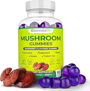 Essentialife Lions Mane Mushroom Supplemento | 5-in-1 Mushroom Gummies con Turchia Tail, Cordyceps, Reishi, Chaga Extract | Brain Focus e supporto immunitario per gli uomini delle donne, Raspberry Flavor, 60 ct