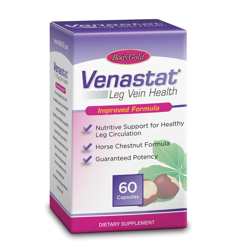 Body Gold Venastat - Suppléments de soutien à la veine des jambes, Suppléments de châtaigne de cheval, Support circulatoire à base de plantes avec Diosmin pour les hommes et les femmes, Flux sanguin sain et circulation - 60 Capsules de Veggie