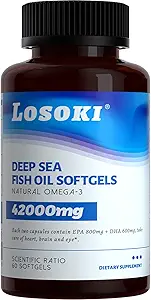 Losoki Deep Sea Fish Oil - 1000 mg EPA & DHA, omega-3 acidi grassi, pesce pescato selvatico, Premium Burpless Softgel Integratori - 60 ct
