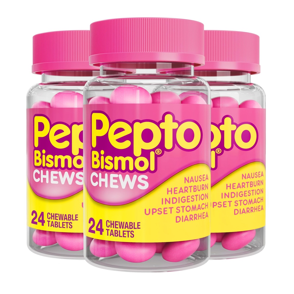 Pepto Bismol Chews, schnelles und effektives Verdauungsrelief von Übelkeit, Sodbrennen, Empörung, Upset Stomach, Durchfall, 72 Gesamt (3 Packungen von 24)
