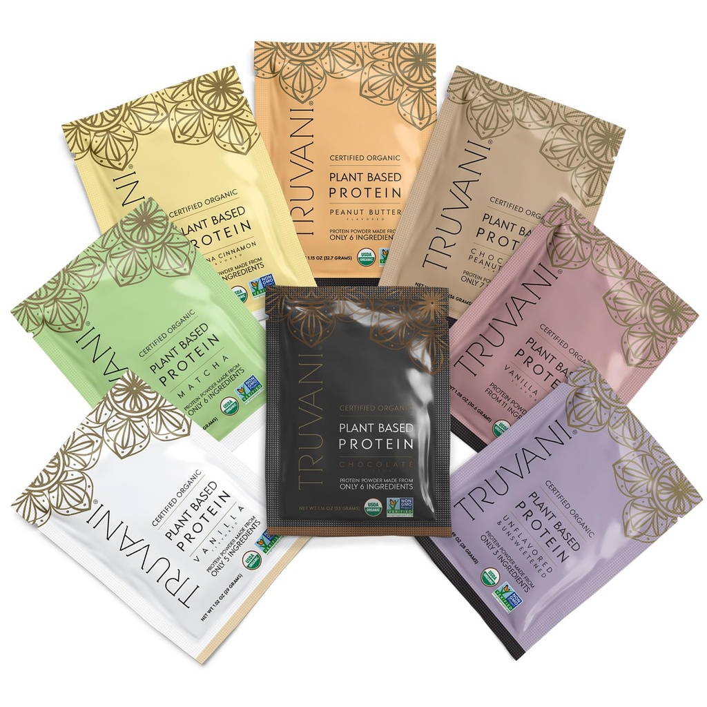 Truvani Vegan Pea Protein Pulver | Sample Pack | 20g Bio Pflanzen basiertes Protein | 8 Single Servierpakete | Keto | Gluten & Dairy Free | Low Carb | Kein Zucker hinzugefügt