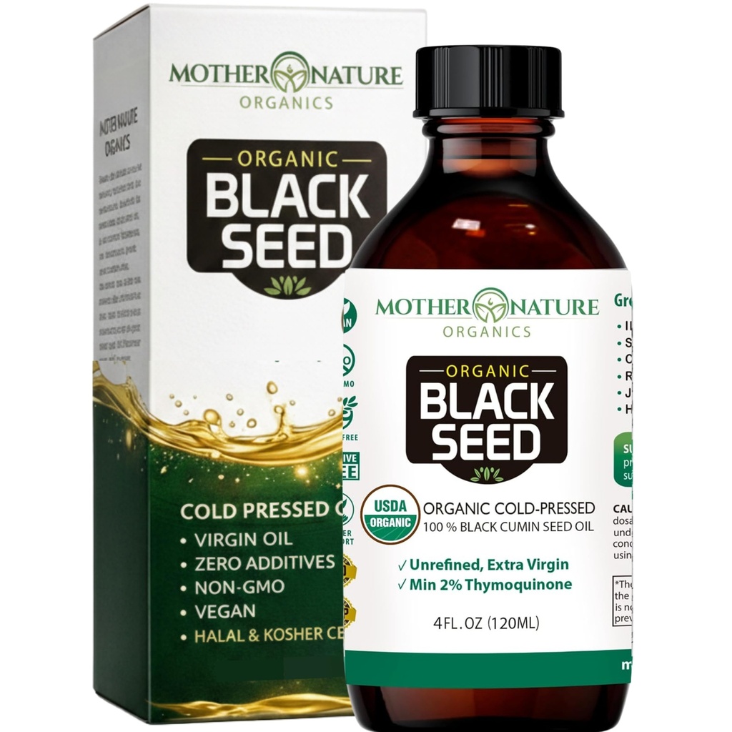 Madre Natura USDA Organic Black Seed Oil – Pressato a freddo, Non raffinato & Vegan Nigella Sativa, Alto Thymoquinone (2%+), Omega 3 6 9 per Immune, Joint & Heart Support, Hair & Skin, Non-GMO, 4oz