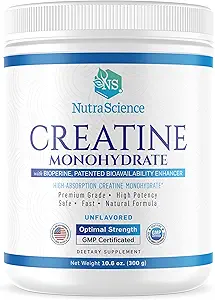 NutraScience Creatina Monoidrato Polvere con BioPerine, Supporta la crescita muscolare magra e il recupero, 60 Serve, 5000mg per porzione, non aromatizzato, GMP sertificato, Vegan Friendly, Non OGM