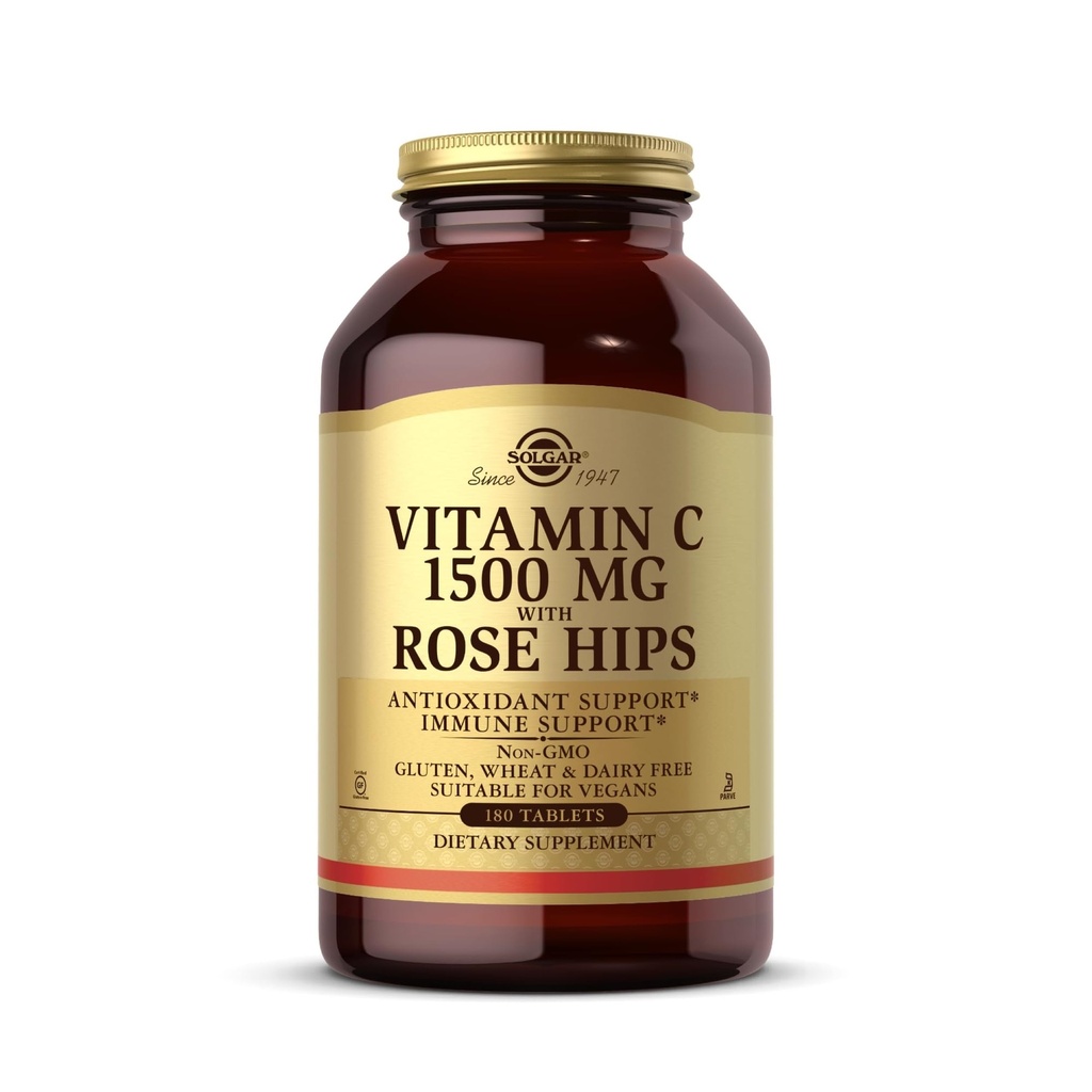 Solgar Vitamin C 1500 mg mit Rose Hips, 180 Tabletten - Antioxidant & Immununterstützung - Gesamtgesundheit - Unterstützt gesunde Haut & Gelenke - Non GMO, Vegan, Glutenfrei, Dairy Free, Kosher - 180 Servierungen