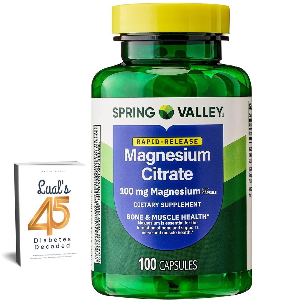 Spring Valley Magnesium Citrate | Citrato de Magnesio 1000mg Kapseln | Beste Magnesiumergänzung für Frauen | Magnesium Pille | 100 mg, 100 Kapseln Bundle mit Luals 45 Diabetes Decodiert