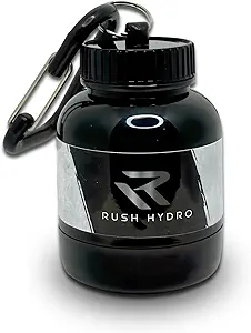 Tastiera delmbuto della polvere di proteina del supplemento di HYDRO di RUSH, contenitore della polvere di viaggio con tappo a doppia vite, contenitore di 100 mL per polvere di idratazione e integratori, nero