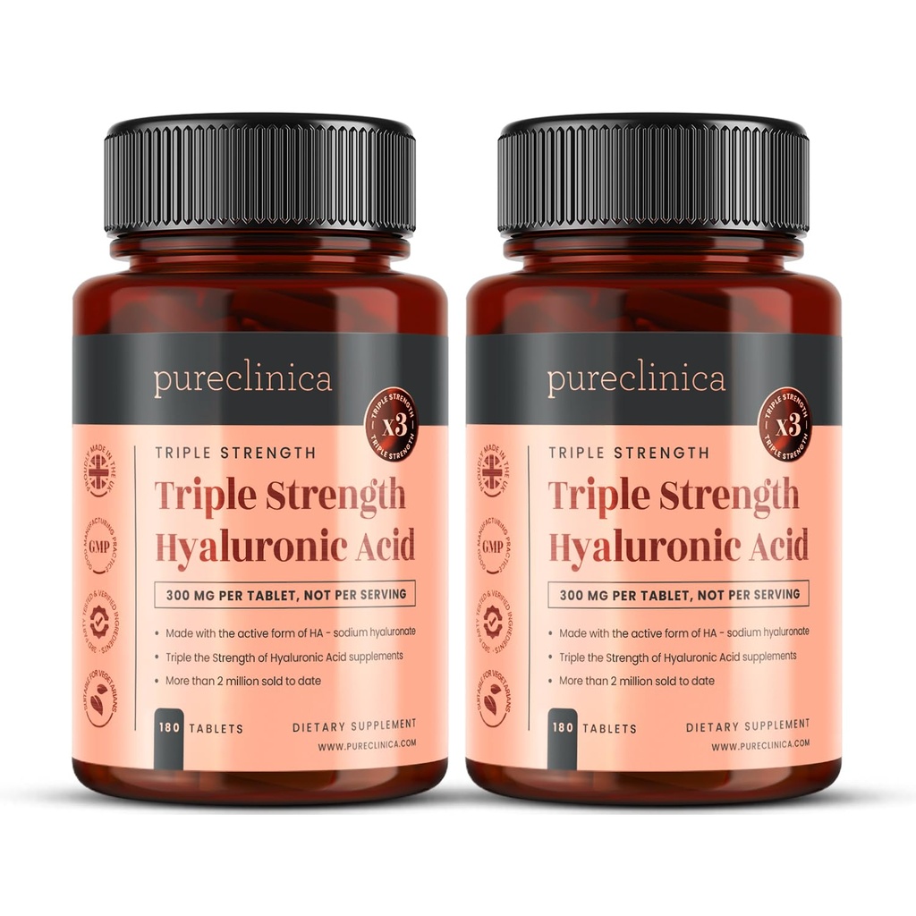 pureclinica Hyaluronsäure 300mg x 360 Tabletten (2 Flaschen 180-12 Monate Versorgung). Triple Strength Hyaluronsäure. 300% Stärker als jede andere HLA Tablette.