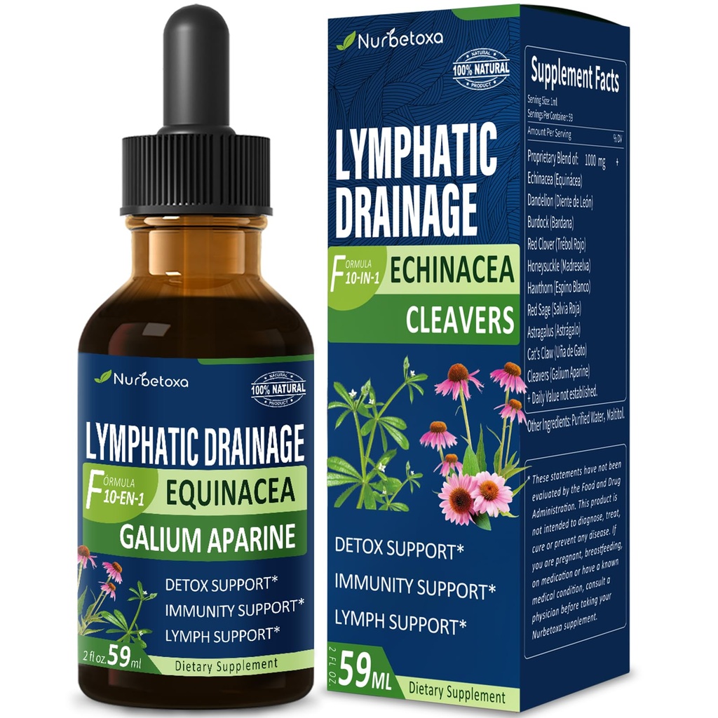 Cleavers Lymphatic Drainage Drops for Lymph System Detox Cleanse, Lymphedema Support Supplement Formula w/Echinacea, Cat’s Claw, Red Clover Extract Tincture, Use with Lymph Massage Tool. 2oz
