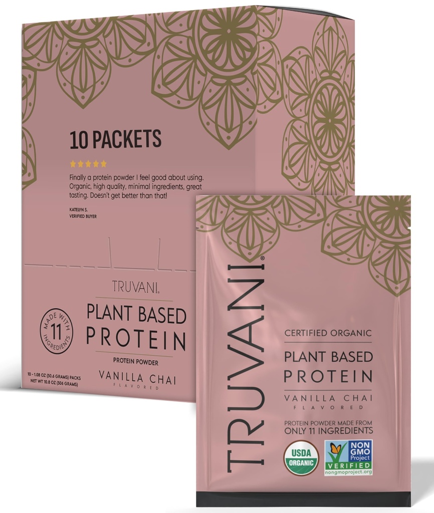 Truvani Vegan Pea Protein Powder | Vanilla Chai | 20g Organic Plant Based Protein | Single Serving Travel Packets | 10 Servings | Keto | Gluten & Dairy Free | Low Carb | No Aggiunto Sugar