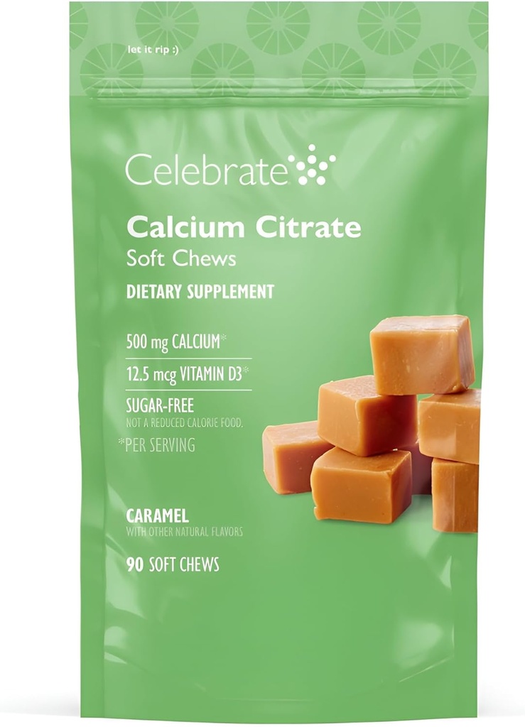 Célébrez les vitamines bariatriques 500mg Citrate de calcium Chews doux avec 500 UI de vitamine D3 – essentiel pour les patients de passage gastrique et santé des os - sans sucre et sans gluten, caramel (90 Chews)