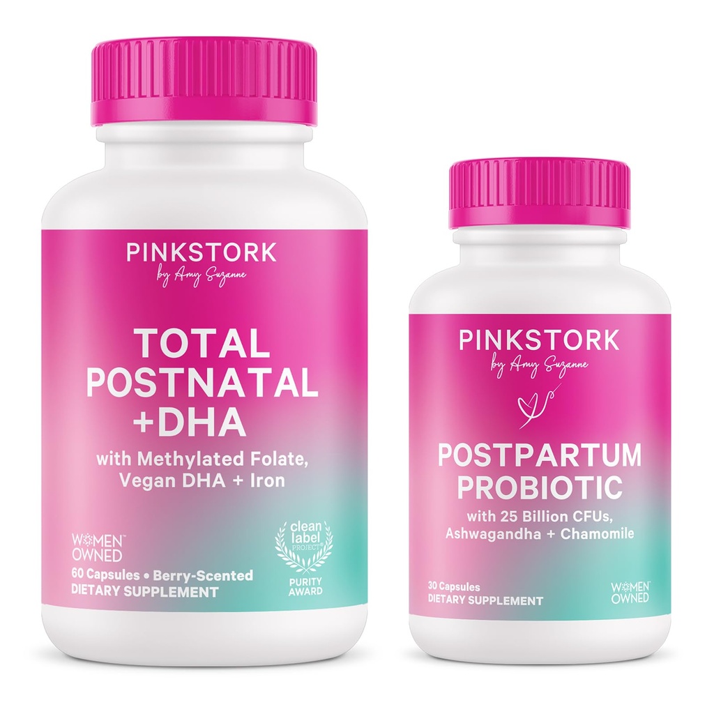 Rosa Stork Postnatal Multivitamin + Probiotici con Vegan DHA, Ashwagandha, Ferro da stiro, Folate, B12 - Supporta l'equilibrio dell'ormone, il recupero del postpartum, la salute del fegato, e la digestione - Confezione di 2